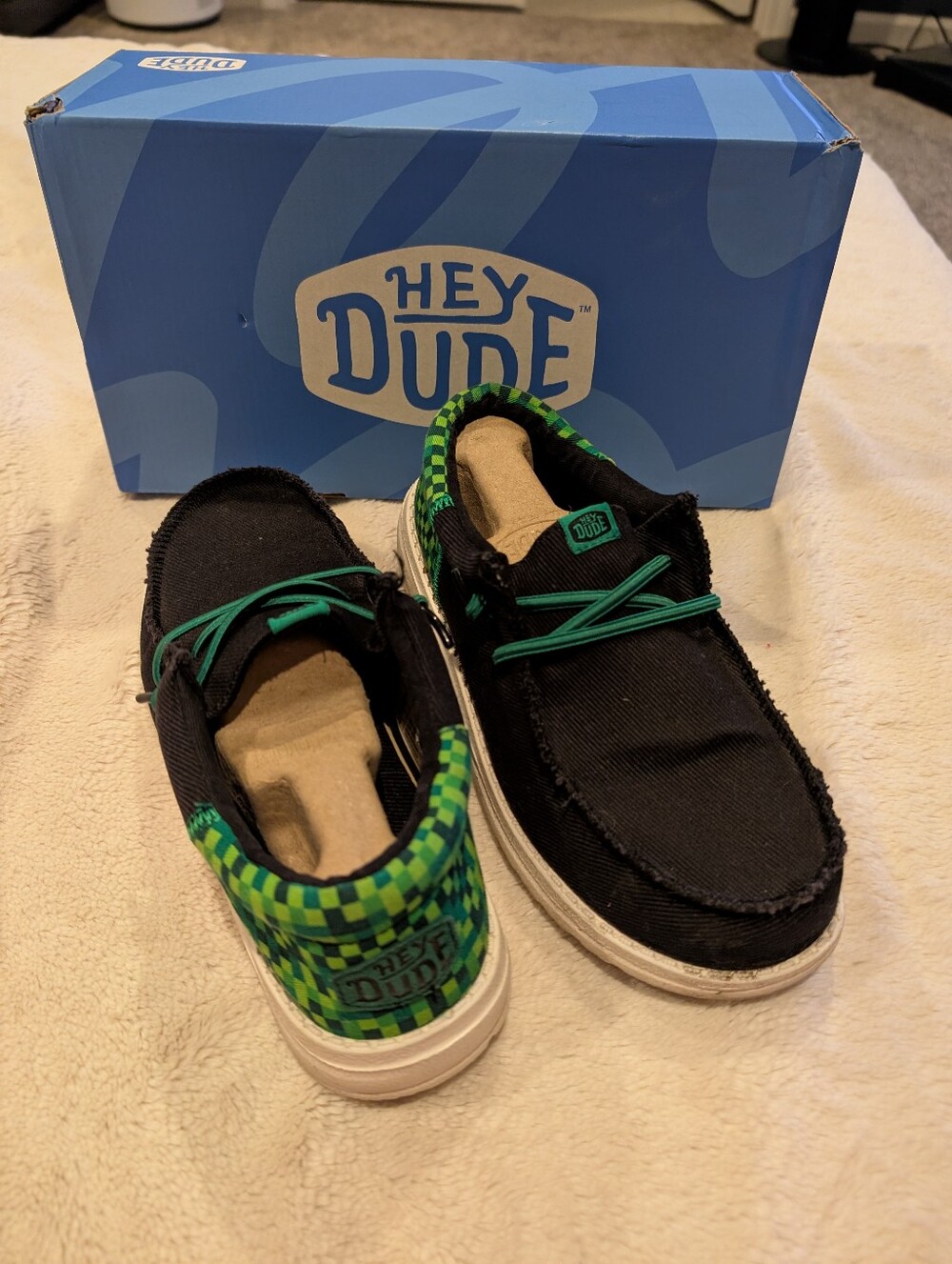 Hey Dude Kids J4 Minecraft Green and Black Checkered Design Slip-On Shoes - Picture 1 of 5